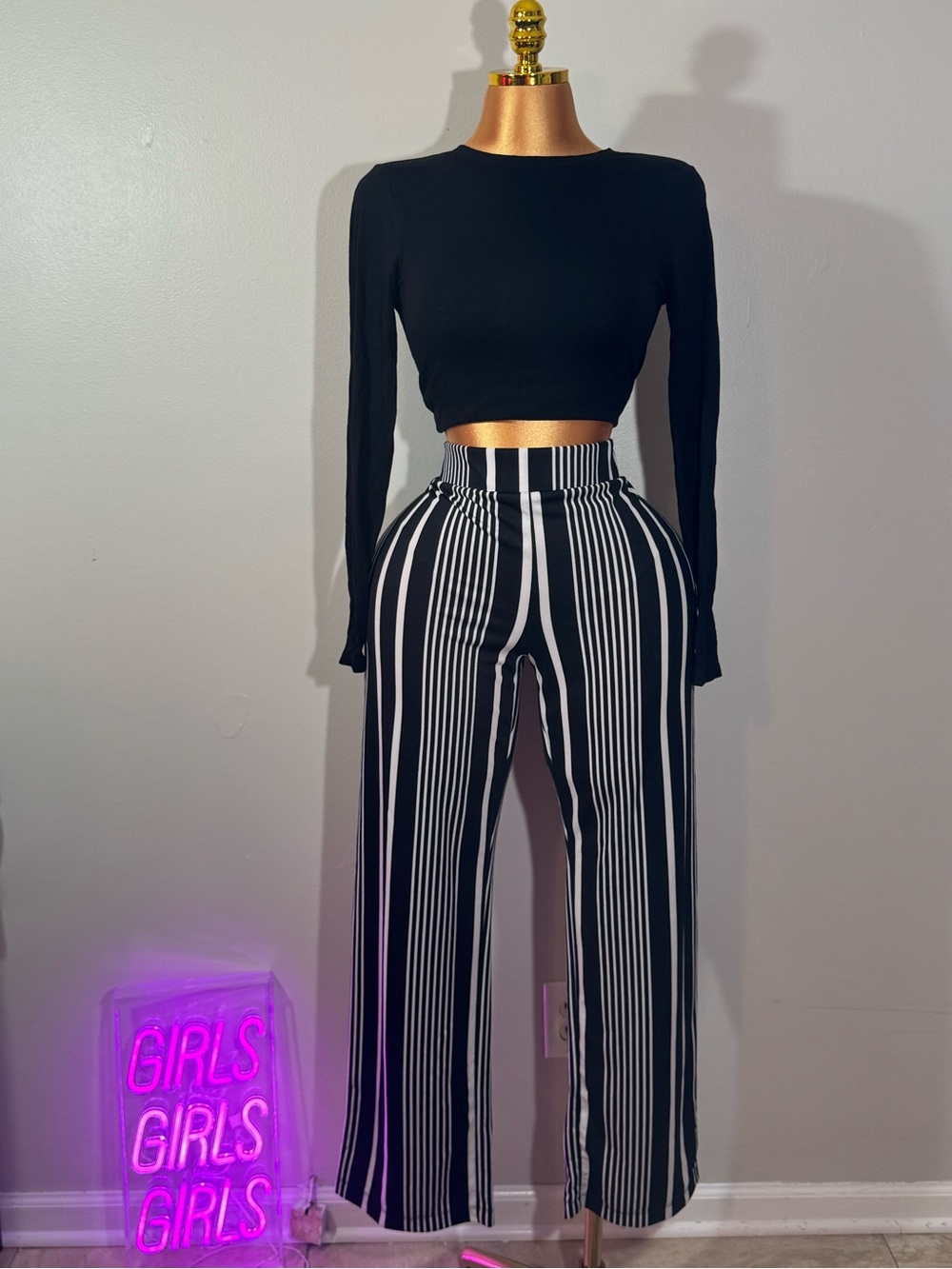 Black & White Vertical Stripe Wide-Leg Pants